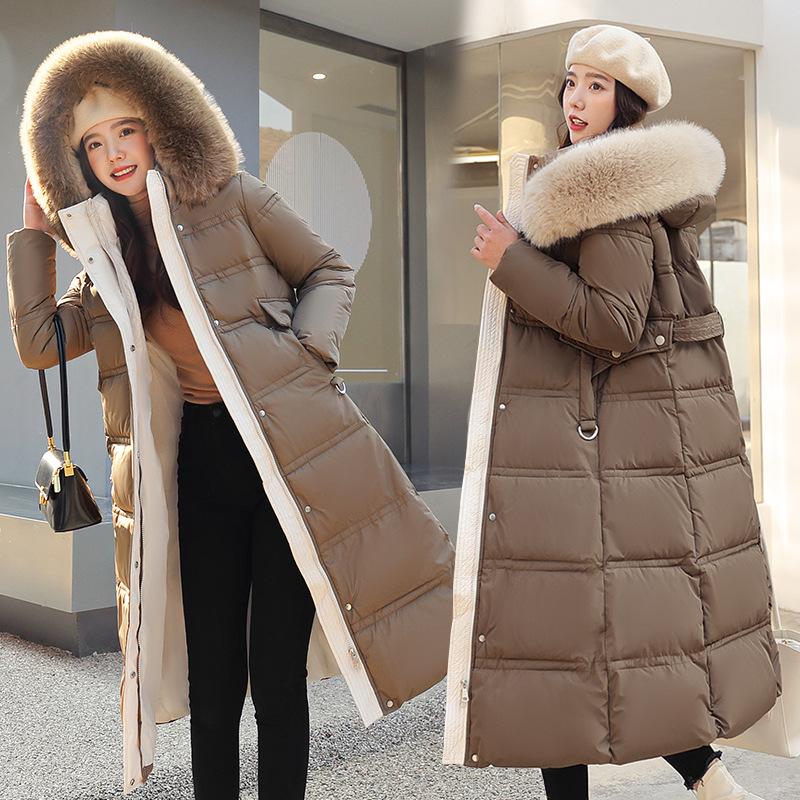 Women's Autumn And Winter Cotton Coat Medium Length Large Fur Collar Hooded Slim Fitting Coat Large Knee Length Cotton Jacket