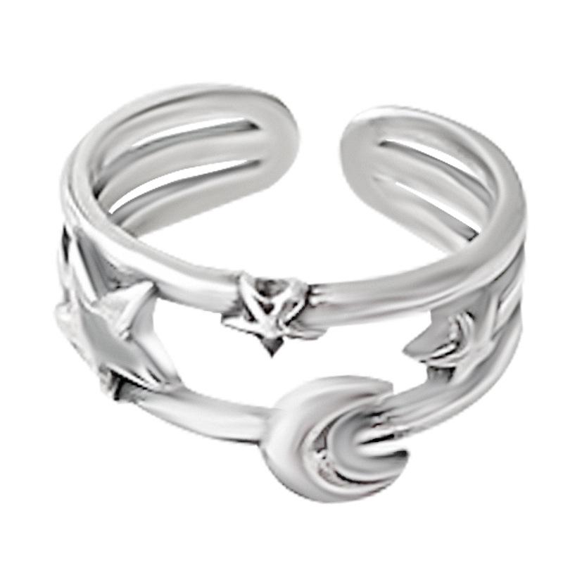 Lan Zhi Star Moon 925 Sterling Silver Women's Hip Hop Open Ring - Non-fading, Unique Design.