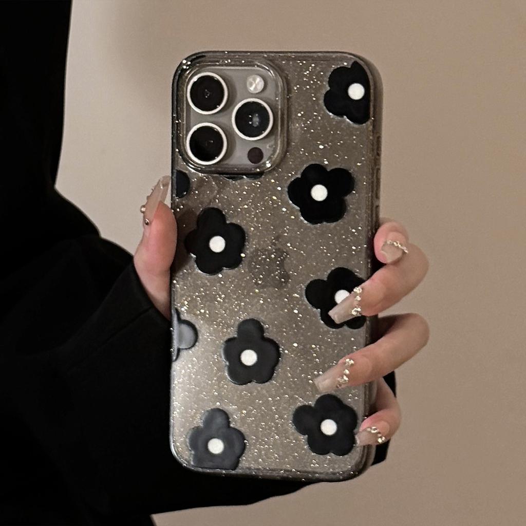 Glitter Black Flowers for Apple 15 Promax Mobile Phone Case 16 for Iphone 13 Retro Niche 11 Soft Case 12
