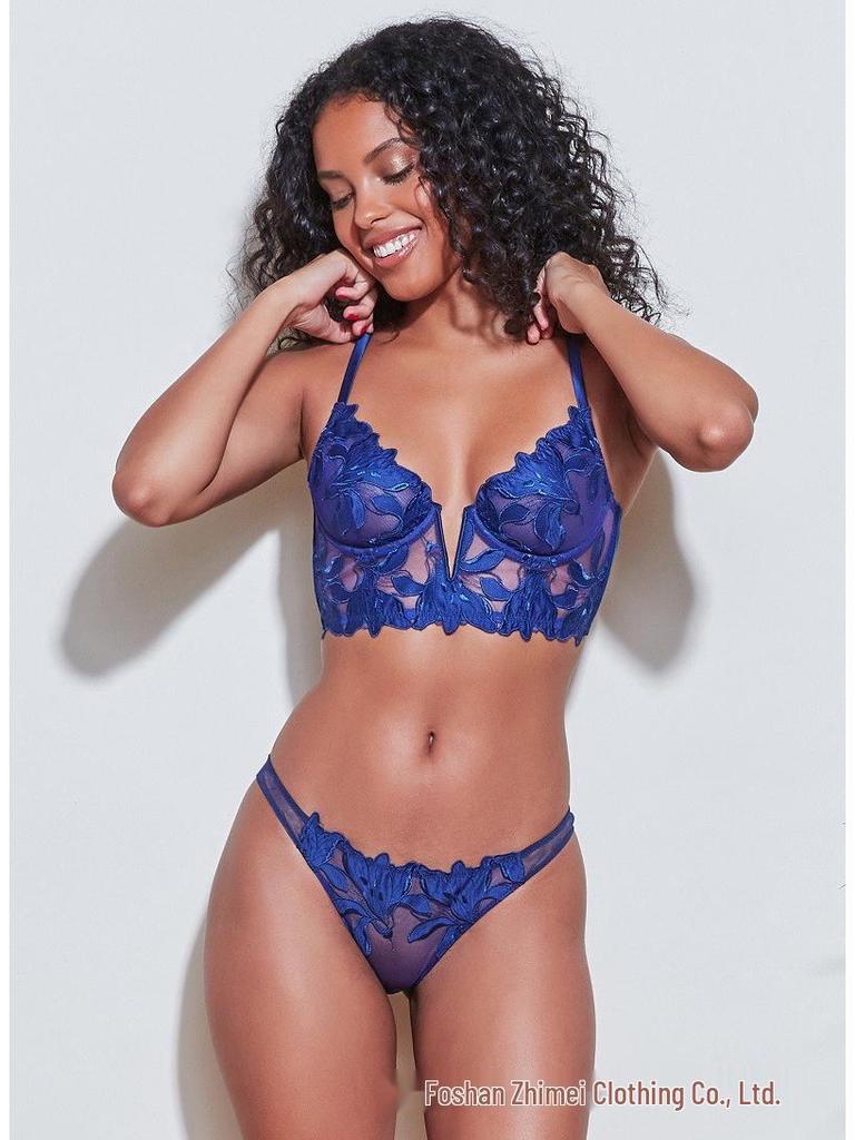 European & American Deep V Embroidered Lace Lingerie Set: Ultra-Thin Chest Minimizing Bra.