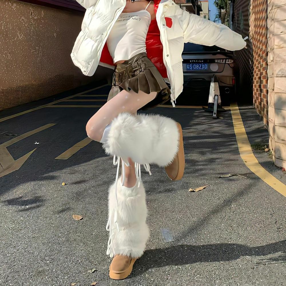 Couvre-jambes d'hiver épais et chauds en peluche pour femmes avec nœud papillon, leggings en fourrure et chaussettes montantes pour bottes de neige