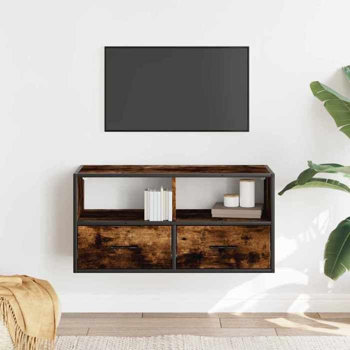VidaXL Meuble TV chêne fumé 80x31x39,5 cm bois d'ingénierie et métal, support TV, armoire média, console TV, meuble HiFi, 848921
