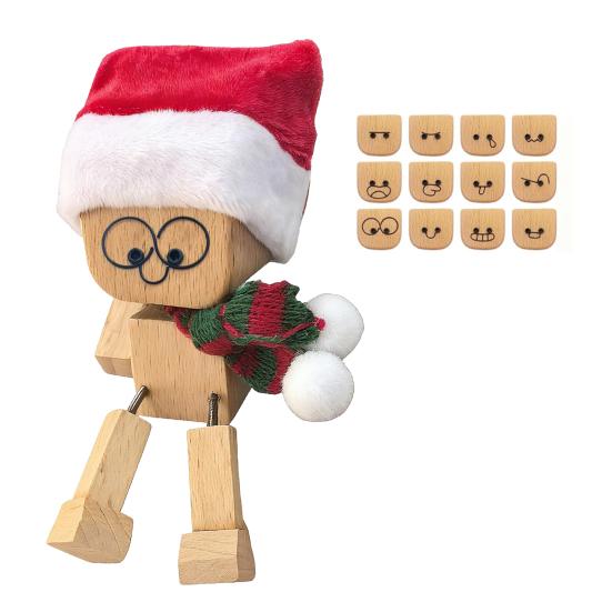 1 Set Christmas Shaking Wooden Man Wood Block Man Figurine with Shaking Legs 12 Magnetic Expressions Handmade Funny Santa Figurine
