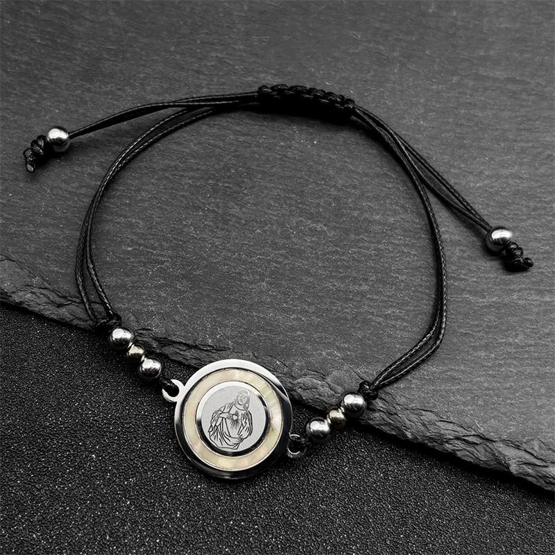 Stainless Steel Sacred Heart Of Jesus Bracelet for Women Men Shell Medallion Hand Woven Adjustable Rope Chain Bracelets Jewelry