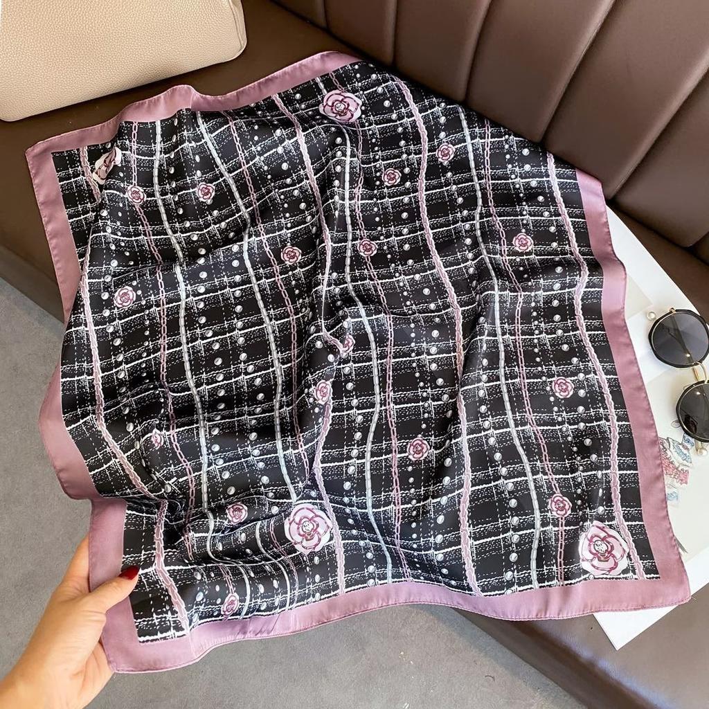 71Cm imitation silk small square scarf burgundy baroque pattern silk scarf versatile professional scarf spring and summer decorative scarf