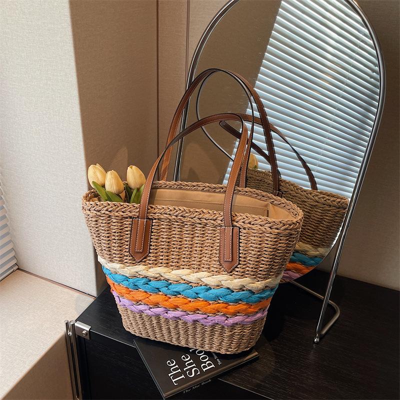 Large Capacity Bag Women's New Fashion Versatile Shoulder Vegetable Basket Straw Woven Seaside Beach Bag
