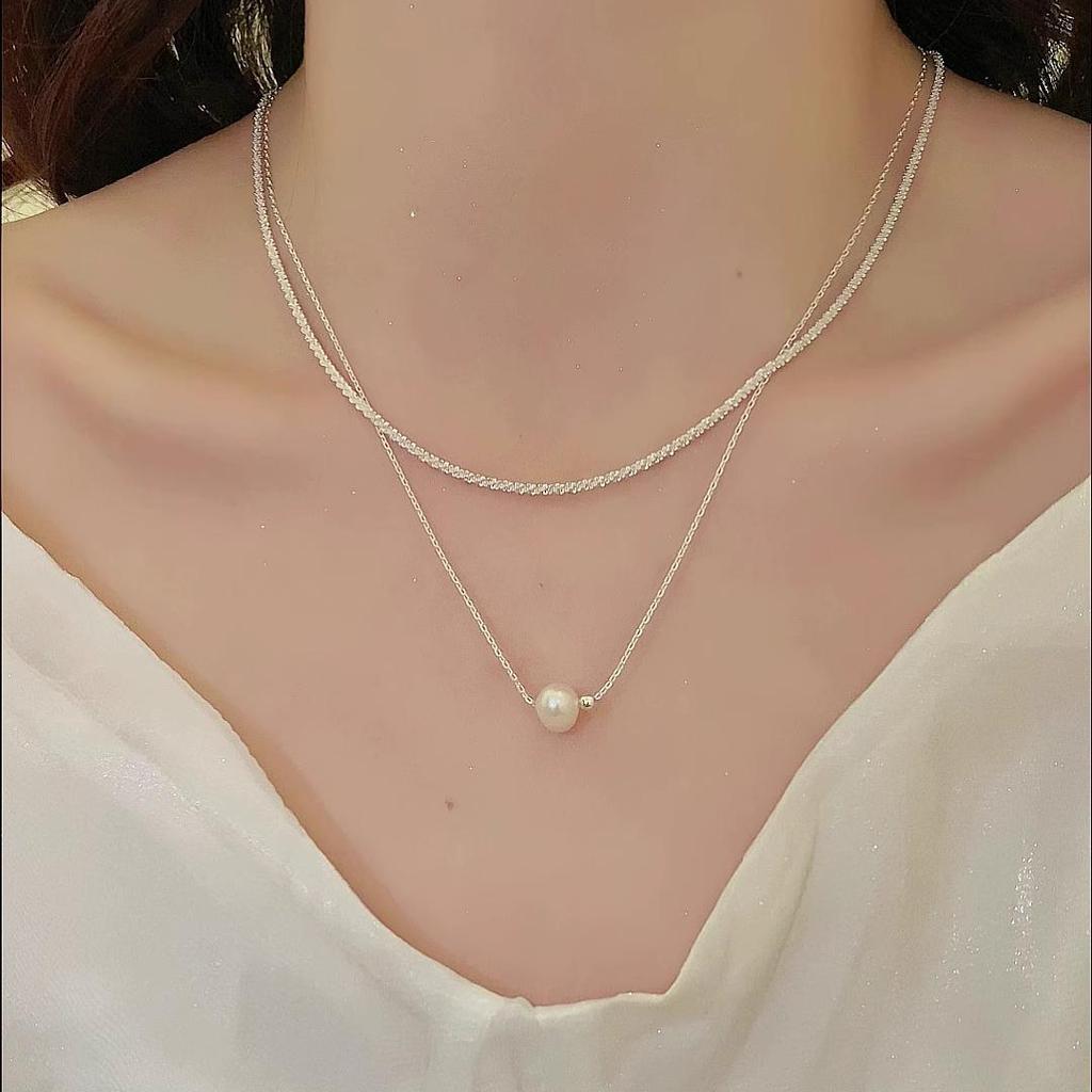 Colier la modă cu perle de apă dulce cu două straturi: Lanț de claviculă strălucitor, în stil rece pentru femei