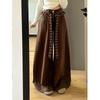 Retro Coffee Lace Splicing Jeans Women's High Waist Plaid Strap Design Loose Casual Wide-leg Pants