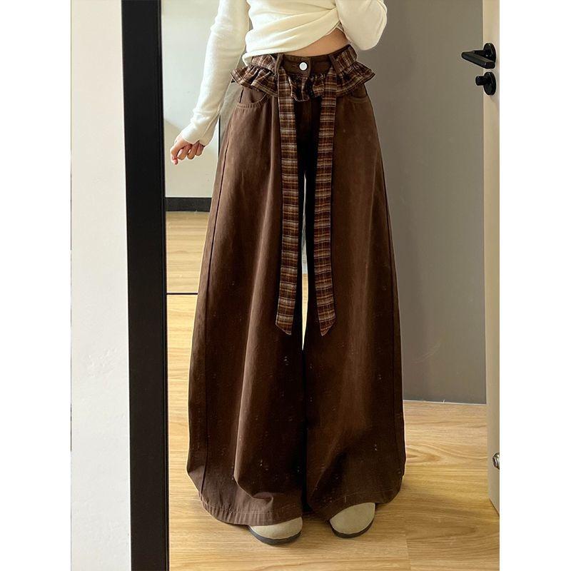 Retro Coffee Lace Splicing Jeans Women's High Waist Plaid Strap Design Loose Casual Wide-leg Pants