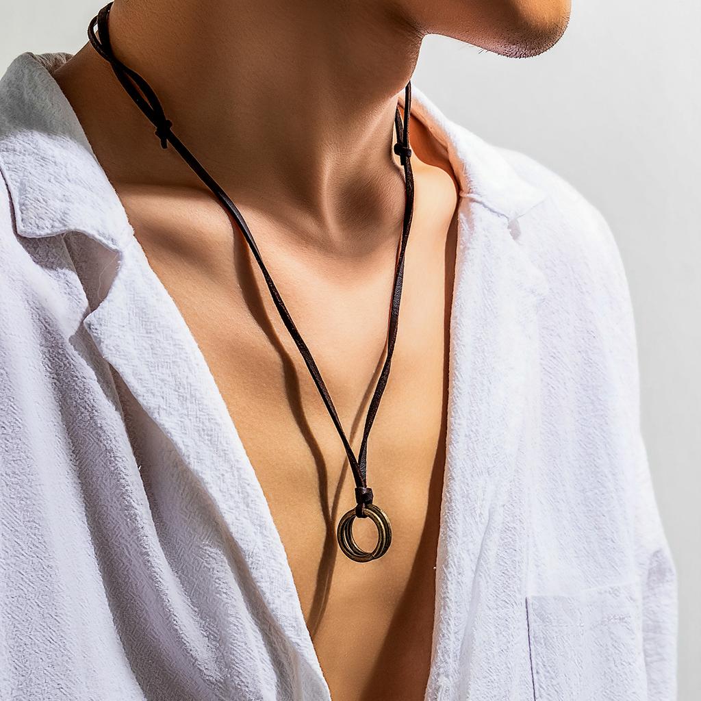 Salircon Boho Vintage Metal Double Ring Pendant Necklace Casual Korean Velvet Adjustable Rope Chain Necklace Men's Neck Jewelry