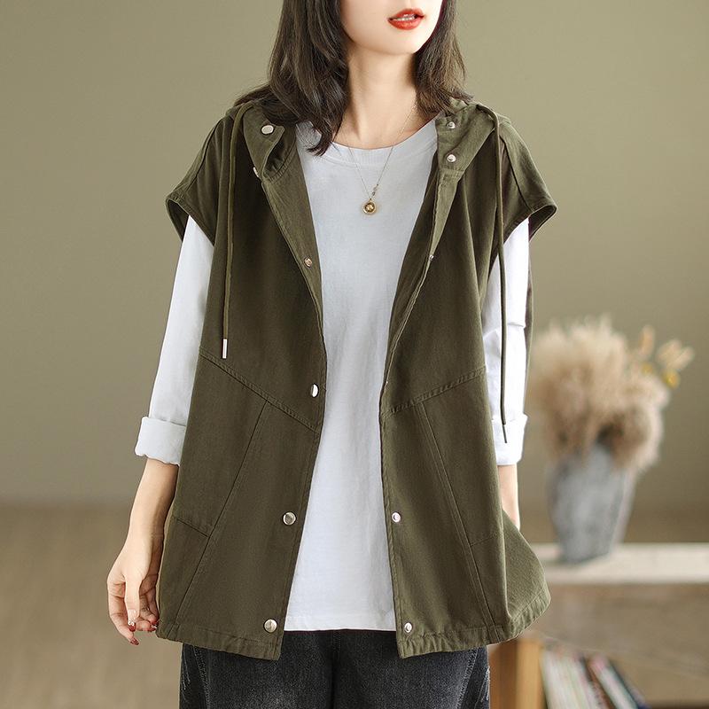 

Осень Плюс Художественная Свободная Куртка С Капюшоном Камзол Рабочая Одежда Жилет для Женщин Куртки и Пальто Женские 2XL зелёный