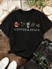 Coffee And Jesus Floral Pattern Print Plus Size Tee For Women, Curve Loose Fit Crew Neck Short Sleeve Casual Basic T-Shirt