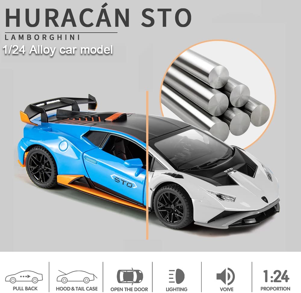 1:24 Scale Alloy Diecast Car Model for Lambo Huracan STO 2021, Pull Back Vehicles Model Cars Toy with Light & Sound for Kids Adult Collection