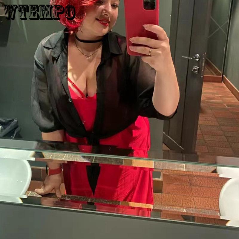 WTEMPO Summer Half Sleeve Button Up Shirts Loose Casual Blouses Solid Chiffon Shirts Women Tied Waist Elegant Blouses