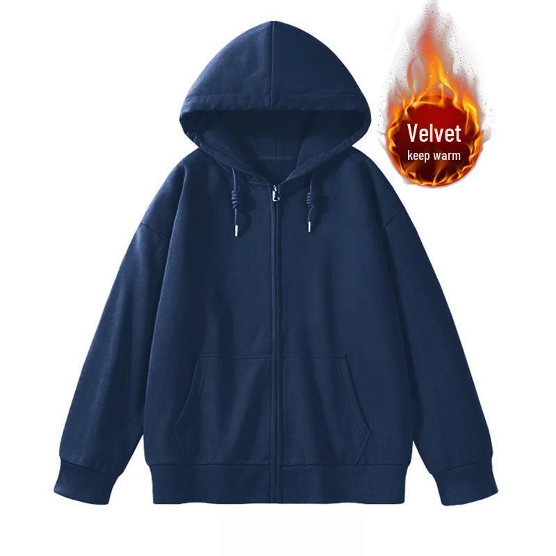 Felpa con cappuccio e zip foderata in pile da donna - Stile coreano pigro, Cardigan spesso per la primavera e l'autunno 2024.