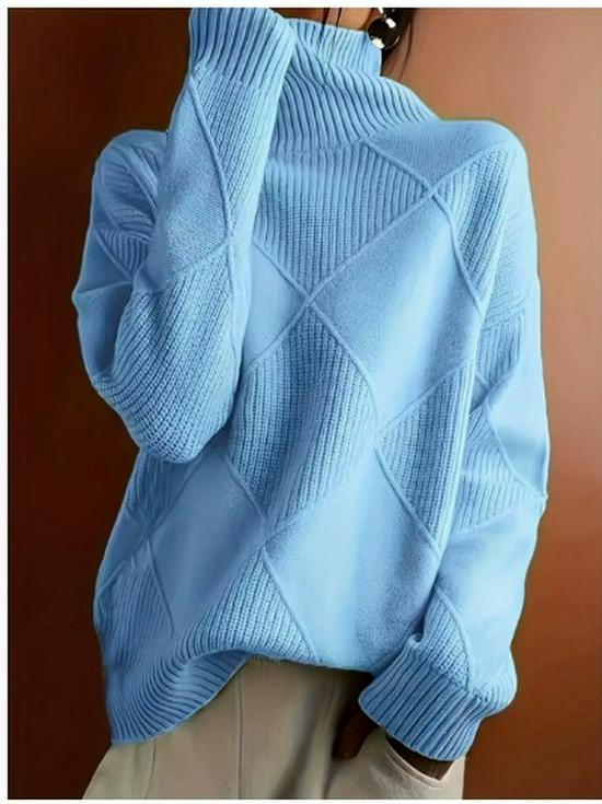 European & American Style Loose Knitted Pullover: Women's Solid Color High Neck Diamond Sweater