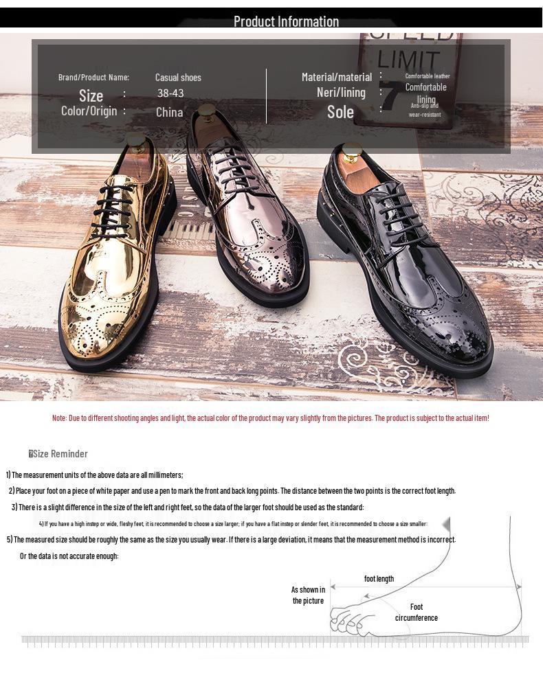 Korean Style Shiny Gold Brogue Derby Shoes - Plus Size, Fashionable Nightclub Leather Lace-Ups
