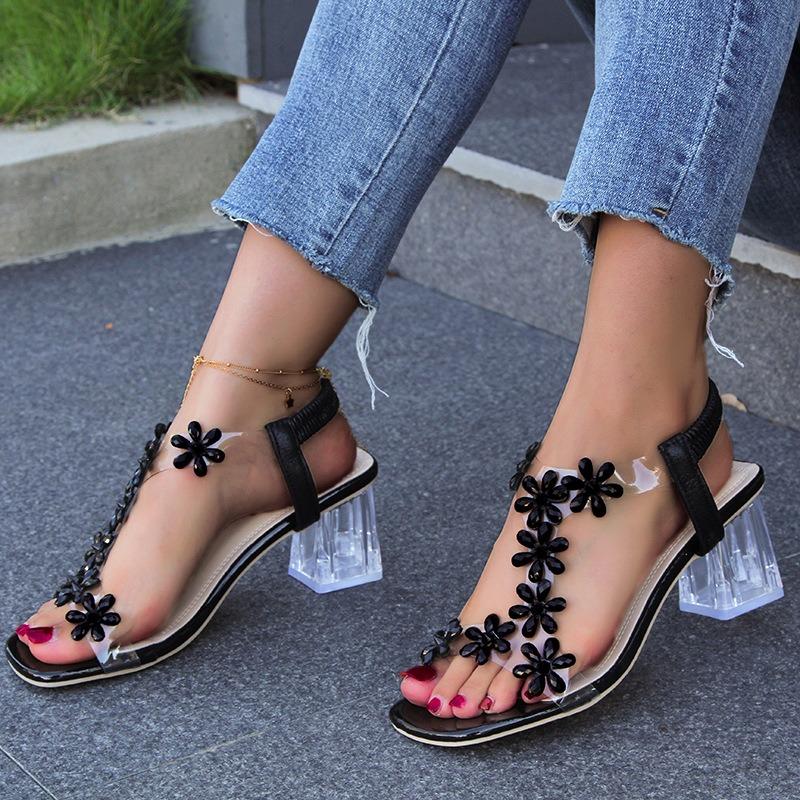 Women's Plus Size Square Toe Sandals, Rhinestone Butterfly Decor Transparent Crystal Chunky Heel Elegant Daily Footwear