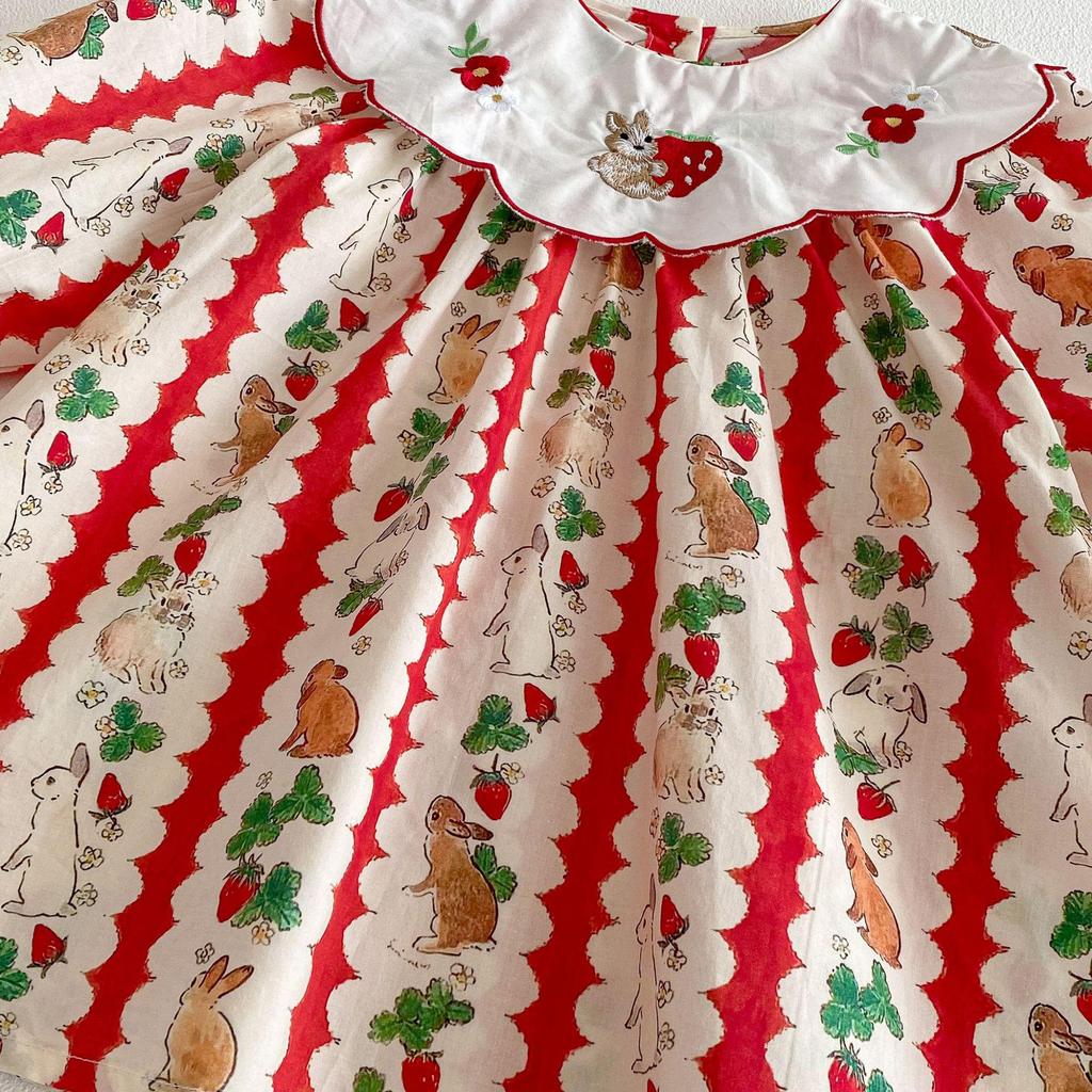 Korean Style Lapel Rabbit Embroidery Dress for Baby Girls, Ages 1-8, Long Sleeve, Spring/Autumn, Sweet Princess Style