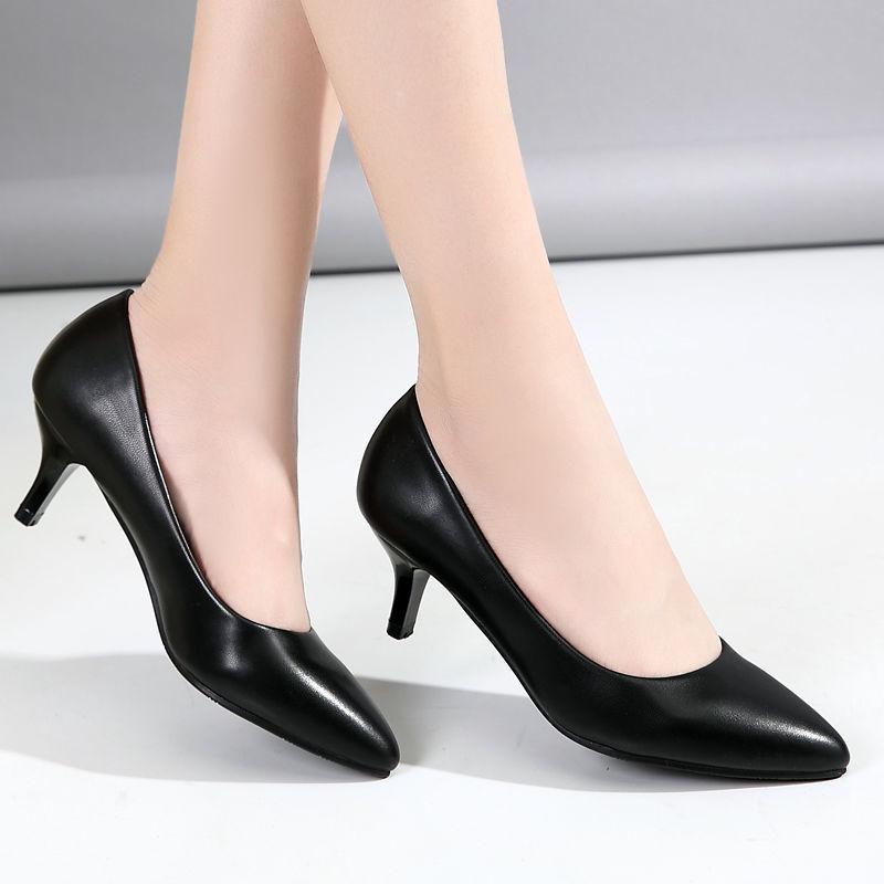 Comfortable Four-Season Leather Stiletto and Block Heel Stewardess Work Shoes for Women