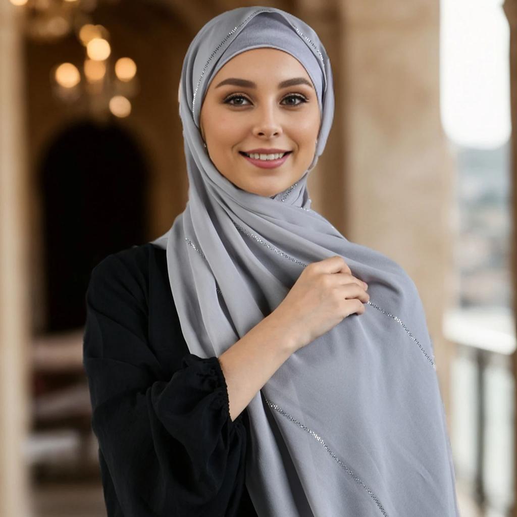 Nuovi Hijab Scialli in Chiffon con Diamanti Sciarpe Musulmane da Donna Copricapo con Strass Fasce Turbante Abbigliamento Islamico Bandana Liscia Bufandas