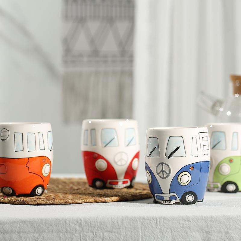 Deding Keramik Handbemalt Cartoon Auto Bus Kreative Persönlichkeit Kaffeetasse Frühstück Wasserbecher