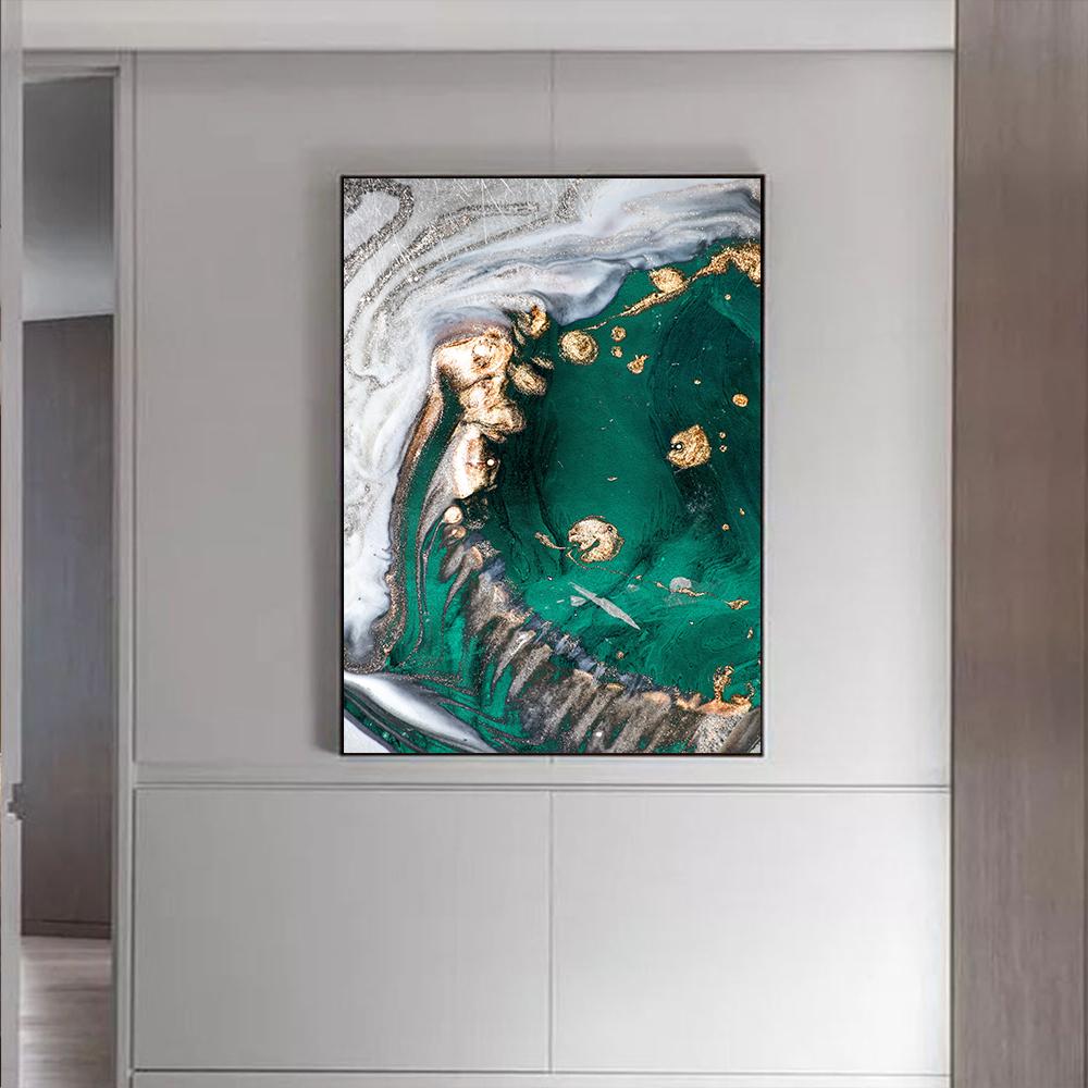 Nordic Modern Creative Abstract Green Gold Foil Art Canvas Poster Abstract Painting Print Wall Picture for Living Room Decor