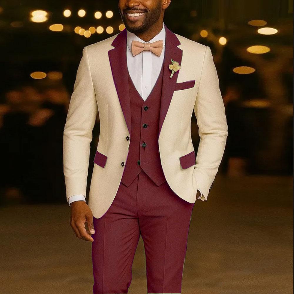 Ivory Men's Suit  3 Pieces Blazer  Vest Pants Wedding Tuxedos Formal Male Suit for Wedding Groomsmen Prom