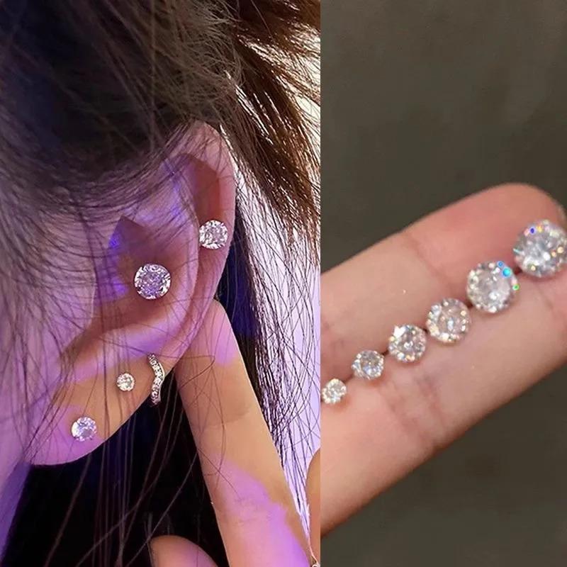 925 Silver Jewelry Women Fashion Cute Tiny Clear Crystal CZ Stud Earrings Gift for Girls Lady