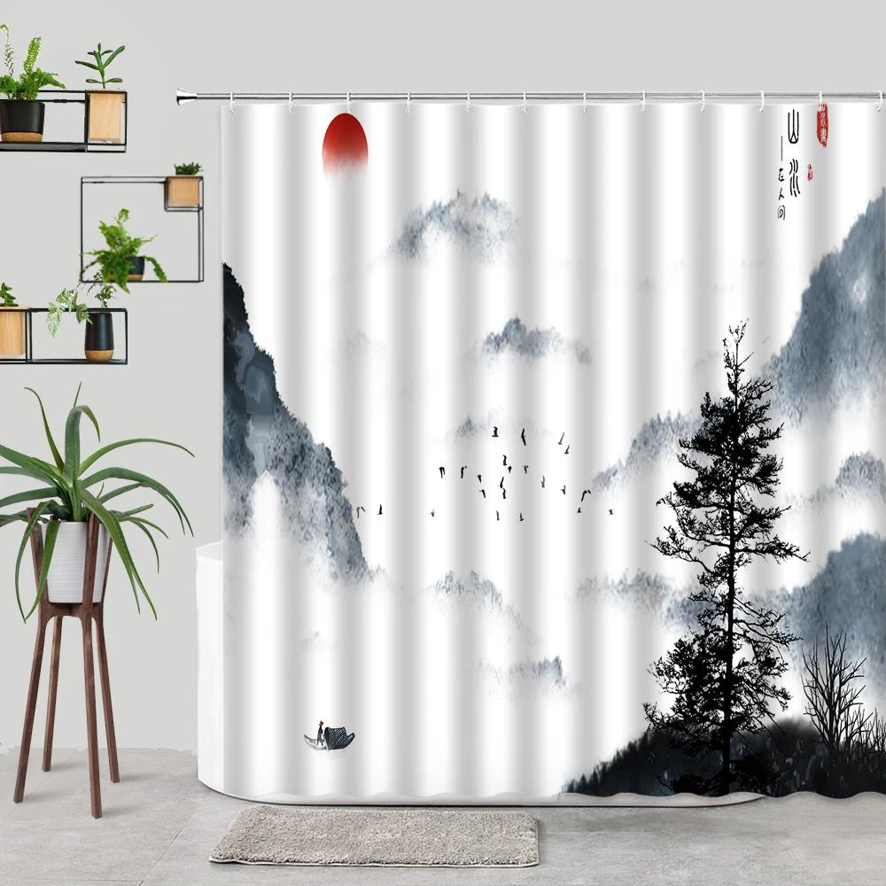 Waterproof Ink Painting Bamboo Leaves Bird Shower Curtains, Mountain Water Plant Landscape, Bathroom Curtain, Home Decor