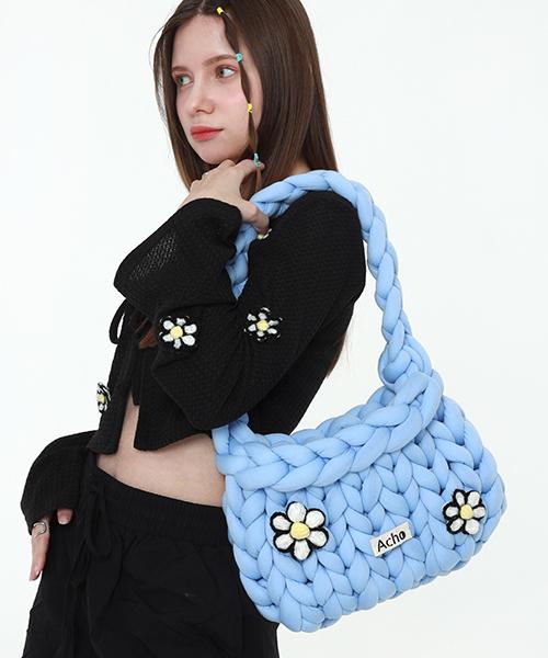 Acho Daisy Knitted Pompon Shoulder Bag_Blue