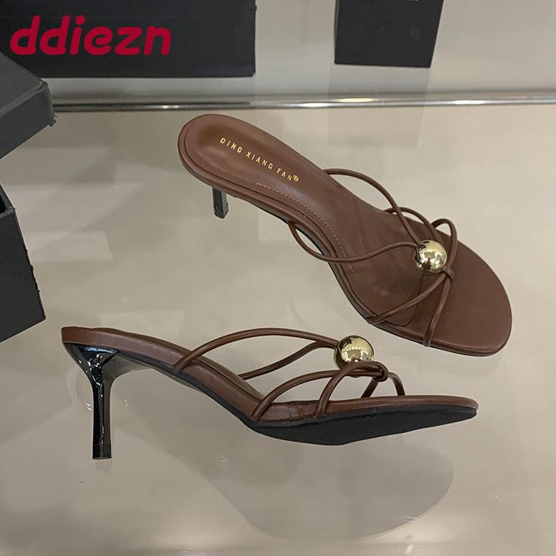 Fashion Thin Heels Footwear Slippers Slides Shoes For Women Metal Fashion Round Toe Ladies High Heels Slippers Female Sandals 2025 New