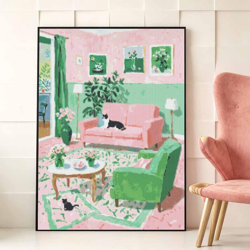 DIY Full Drill Diamond Painting Kit Cute Cat In Cozy Living Room Pattern Creative Handmade Canvas Art for Home Decoration Wall Decor