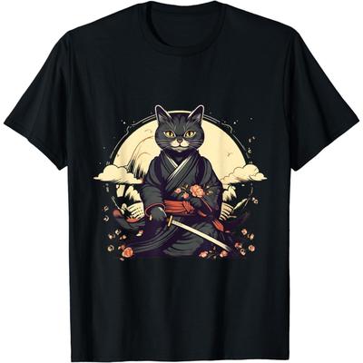 Ninja Japanese Samurai Cat Graphic Funny T-Shirt