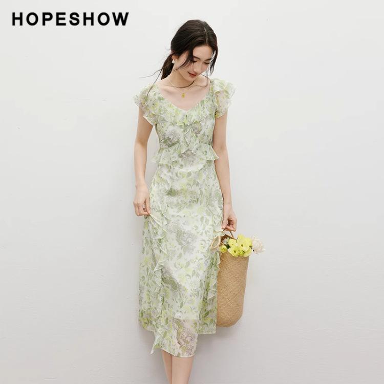 French retro floral dress shows temperament niche design summer new women s clothing ruffle edge medium and long dress S