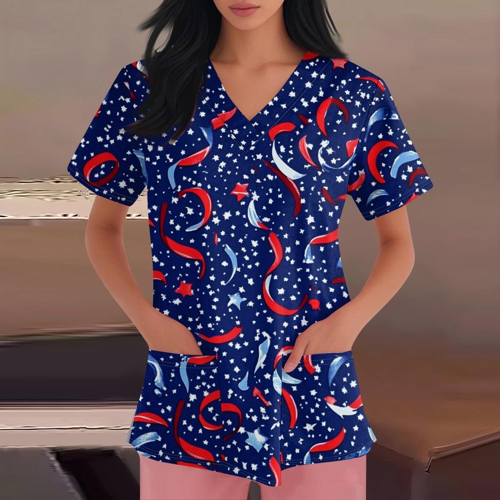 Happy Valentine's Day Women's Fashion V-neck Short Sleeve Workwear With Pockets Tops
