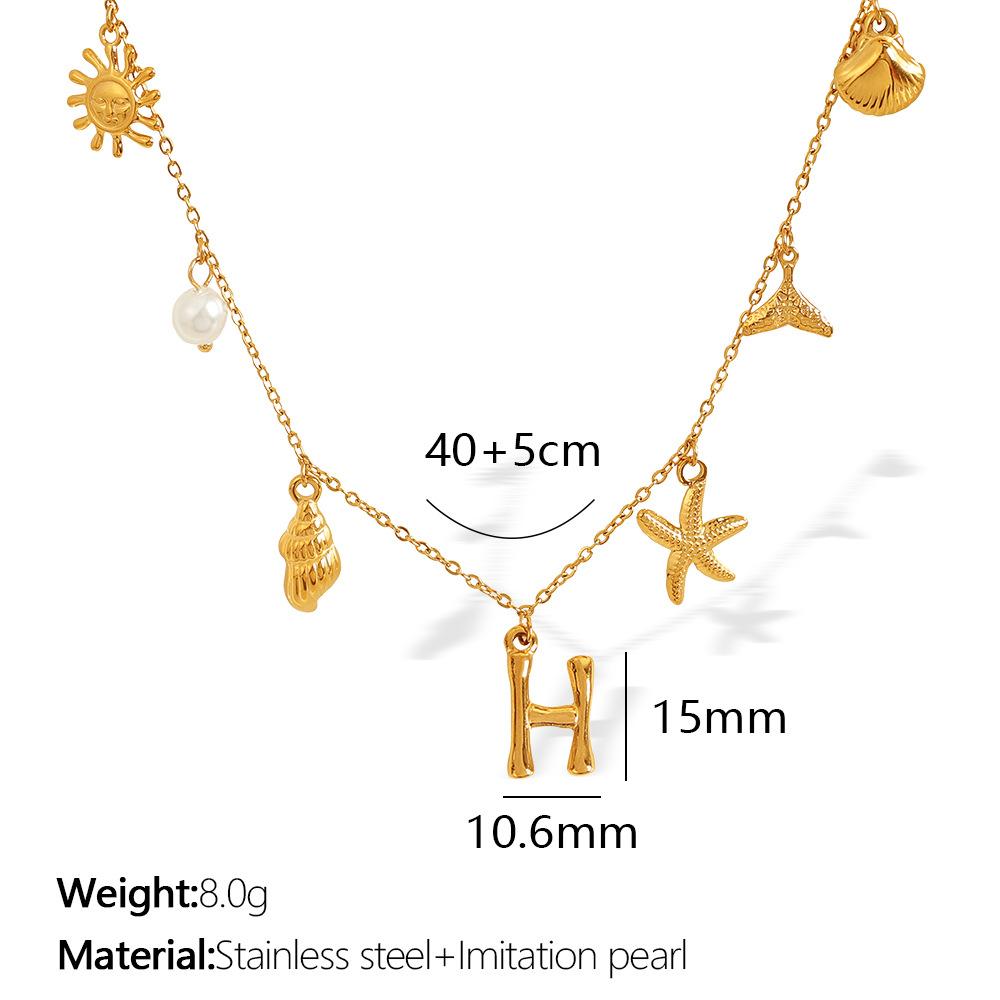 New Arrival Gold Boho Ocean Conch Starfish Shell Charm Necklace Stainless Steel A-Z Alphabet Initial Letter Beach Necklace Women