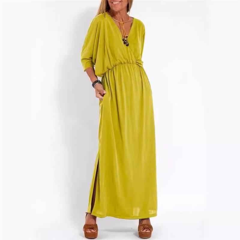European And American Summer New Products Solid Color High-waist Split V-neck Dress Loose Casual Waist Belt Ice Silk Long Skirt