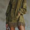 Women's High Neck Fringe Hem Mini Dress Long Sleeve Velvet Look Loose Autumn Winter Dress