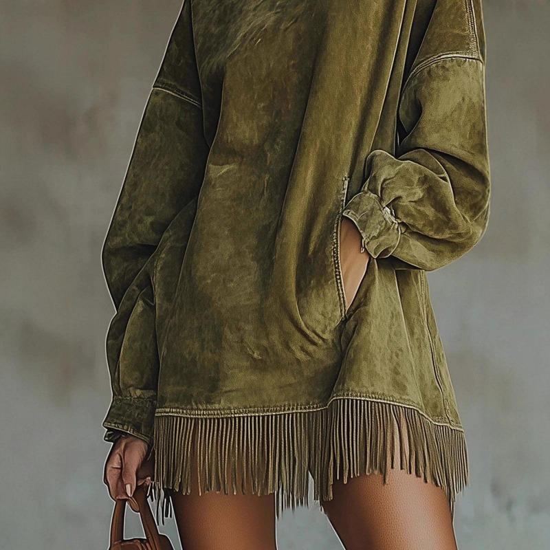 Women's High Neck Fringe Hem Mini Dress Long Sleeve Velvet Look Loose Autumn Winter Dress