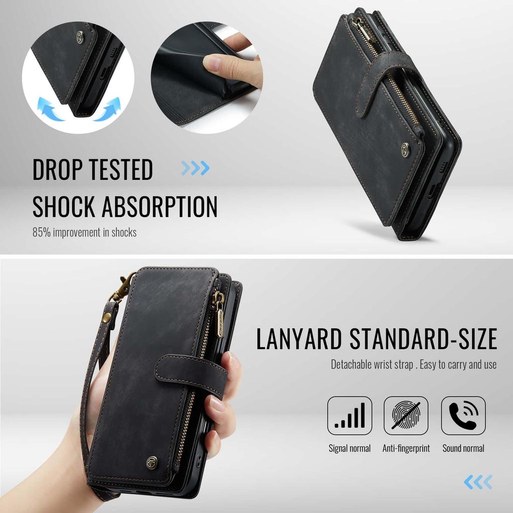 For Samsung Galaxy S24 FE Case, Wallet Case for Women Men, Durable PU Leather Magnetic Flip Strap Wristlet Zipper Card Holder
