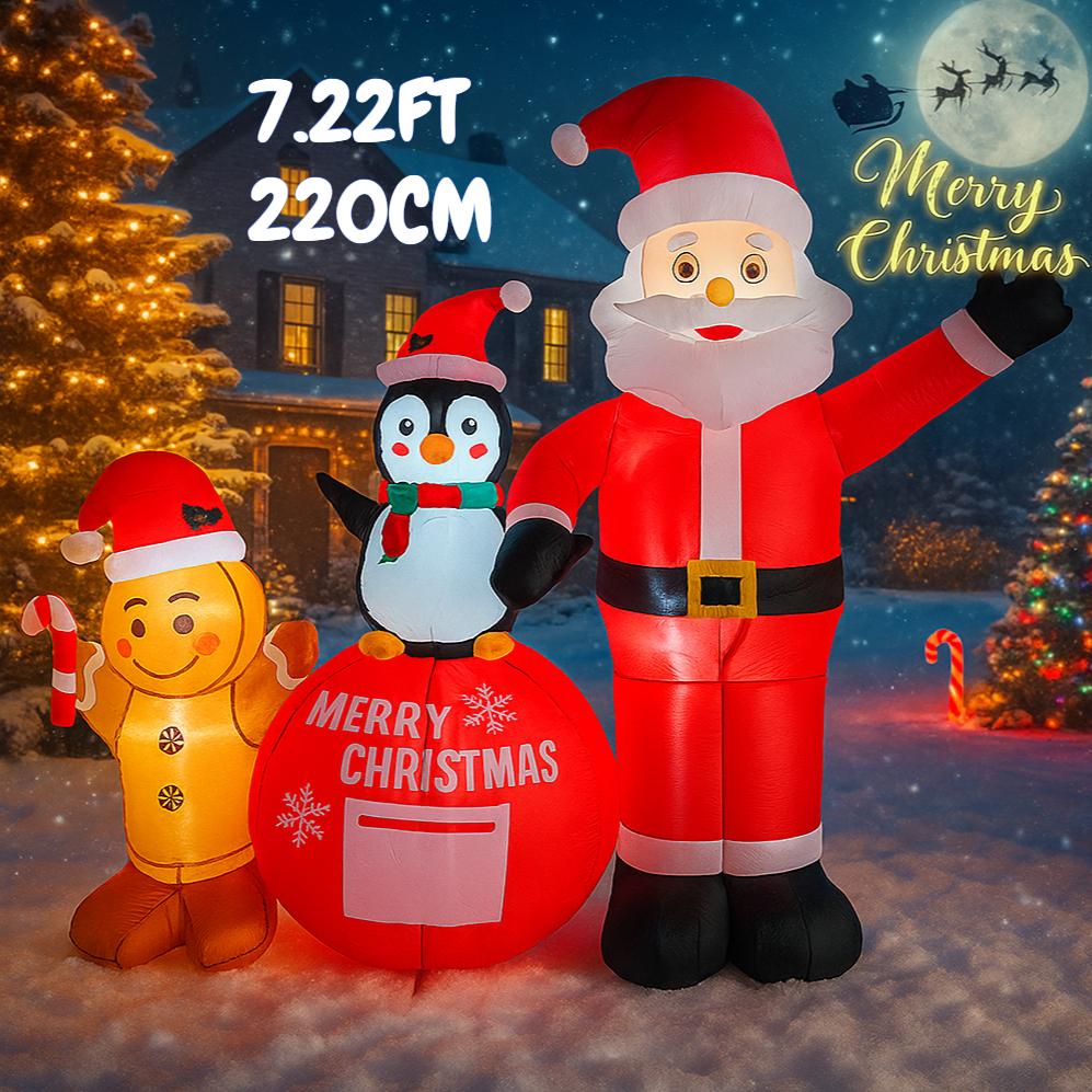 7.22FT Inflatable Toy Christmas Set Santa Penguin Gingerbread Man Xmas Yard Decor Supplies LED Lit Home Ornaments Festive Gift