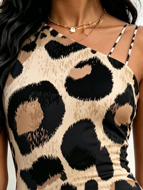 Abito Estivo da Donna Monospalla Midi Stampa Leopardo Beige Nero Bodycon Vestito Estivo