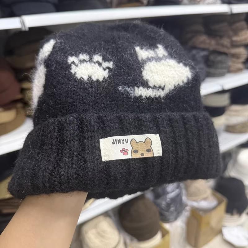 Cute Cartoon Kitten Age-reducing Wool Hat for Women, Warm In Autumn and Winter, Large Elastic and Thin Knitted Hat, Casual Cold Hat