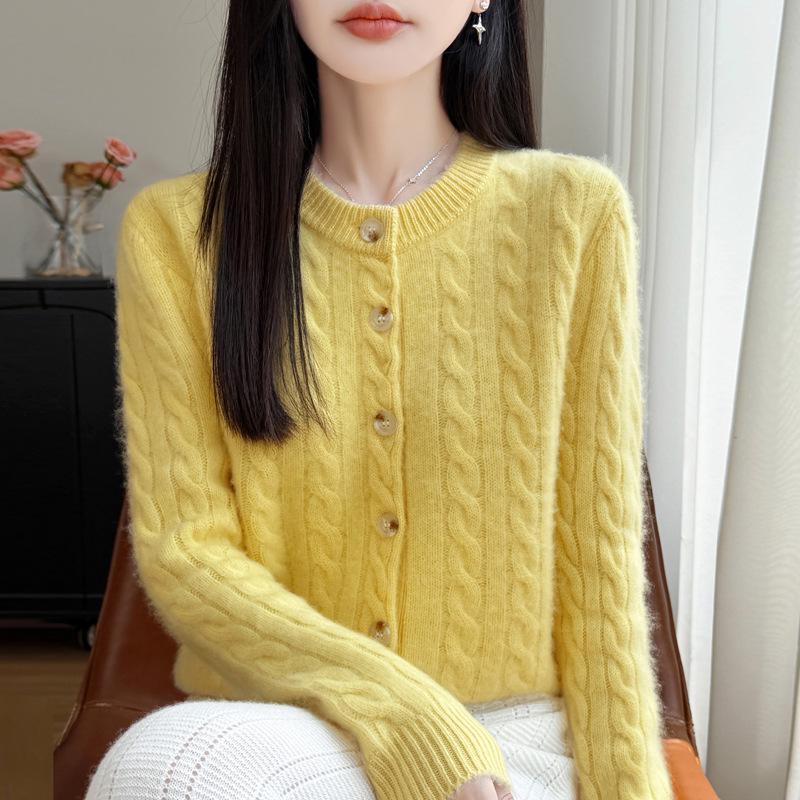 Women's Round Neck Knit Cardigan with Button Flower - Multi-color, Coco Style Sweater for Spring, Autumn, Winter, Commuting.