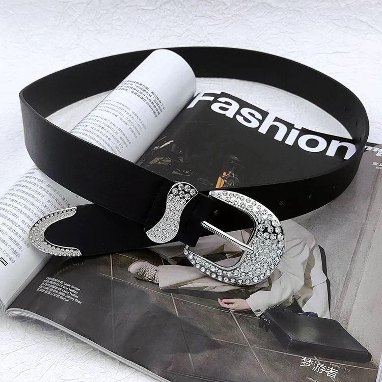 Women's Rhinestone Leather Belt - Y2K Style Black Belt for Jeans 