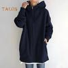 Fall Winter Hooded Jacket Zipper Closure Deawstring Hoodie Long Sleeves Loose Solid Color Warm Pockets Mid Length Neck Protection Coat