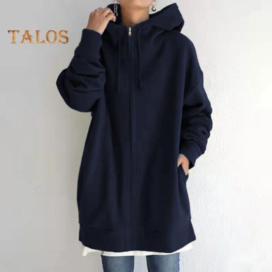 Fall Winter Hooded Jacket Zipper Closure Deawstring Hoodie Long Sleeves Loose Solid Color Warm Pockets Mid Length Neck Protection Coat