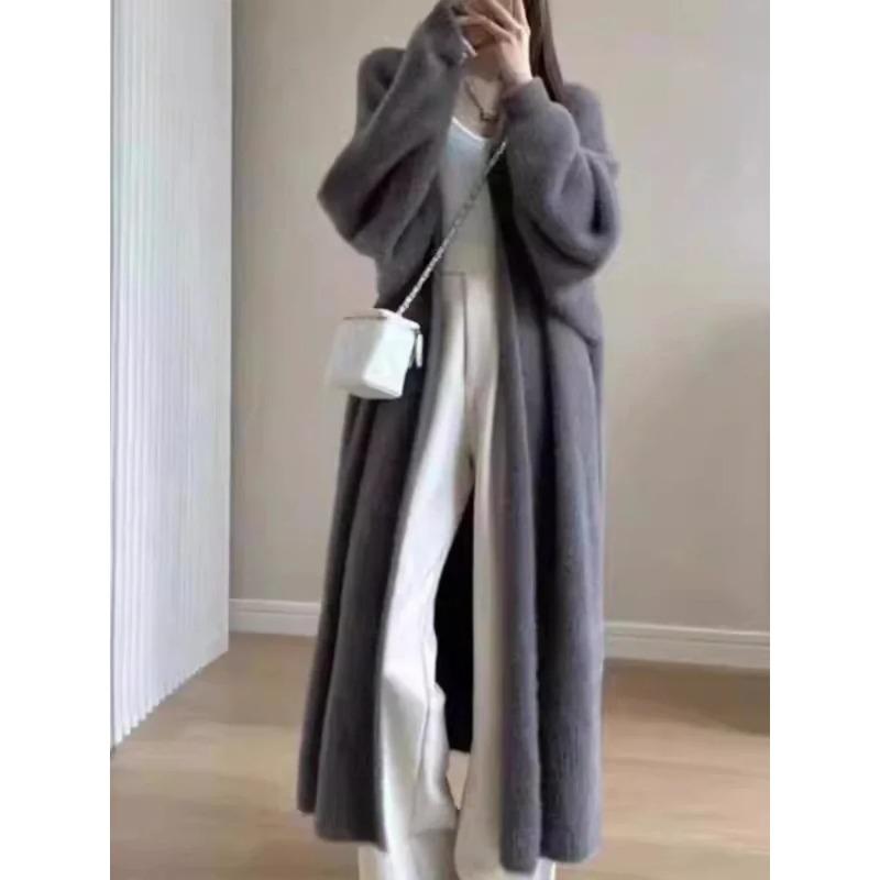 Elegant Vintage Knitted Coat Winter Soft Loose Jacket Korean Casual Autumn Winter Fur Cardigan Women Solid Color Long Sweaters