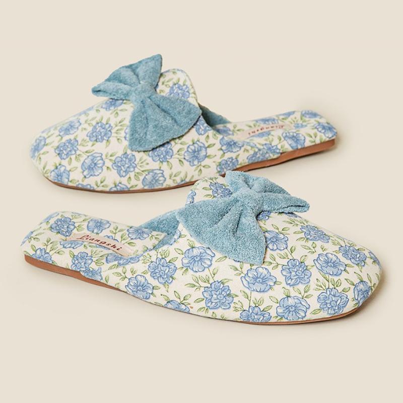 Fashion Sweet Bow Decorative Design Flat Slippers Women Winter Warm Fluffy Home Cotton Slippers Comfortable Lightweight Non-slip Slipper